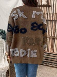 SHEIN LUNE 字母圖案加大號單排釦針織開衫 - 咖啡棕 - 查看 2