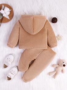 女嬰休閒法蘭絨長袖連帽運動衫和褲子套裝,秋冬 - 薑色 - 查看 2