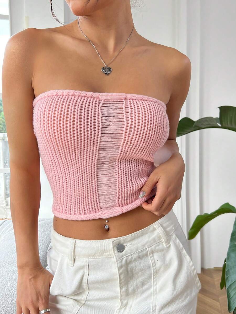 SHEIN EZwear 女士空心露肩針織上衣 - 粉色 - 查看 1