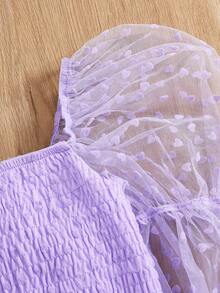 Cô gái Tween Chấm bi Lưới Dệt Cổ vuông Ống tay áo Giải trí Áo sơ mi - Màu tím - Xem 5