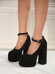 女仙女風高跟鞋防水台麂皮厚底瑪莉珍粗跟高跟鞋春秋鞋 - 黑色 - 查看 3