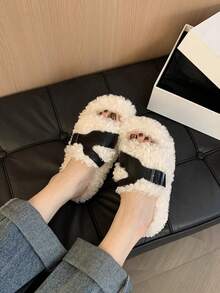 時尚白色捲毛女款室外拖鞋，5cm 增高和彩色拖鞋，適用於學生和秋冬家居使用 - 米色 - 查看 2