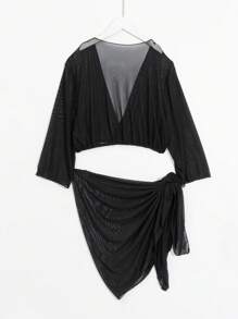 SHEIN Swim Summer Beach Women's Solid Color Cardigan Set, 2pcs - Black - View 7