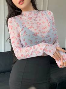 DAZY Của phụ nữ Phong cách Vintage In hoa Lưới trong suốt Top Cây trồng - Hồng - Xem 7