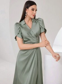 Modelyn 女士花瓣短袖褶皱连衣裙，优雅晚会礼服长款晚礼服