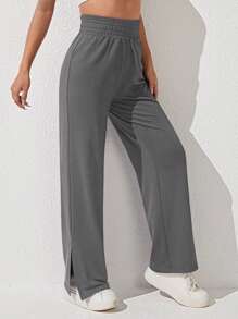 SHEIN PETITE Pantalones Palazzo Sueltos De Cintura Elástica Con Corte De Pierna Dividida Para Mujer