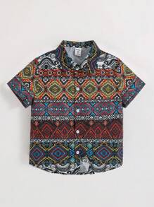 男孩休閒、舒適、時尚、簡約、實用、多功能、復古幾何圖案、透氣、短袖襯衫,適合春夏季節 - 彩色 - 查看 1