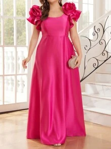 SHEIN Belle 大码女式玫瑰红缎面3D花朵装饰方领大A字摆连衣裙复古公主裙毕业礼服正式礼服优雅晚礼服舞会婚礼宾客礼服，适合晚餐、情人节等场合 - 玫紅色 - 查看 6