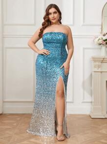 SHEIN Belle Vestido De Fiesta De Noche Con Gradiente Y Brillo, Talla Grande Para Mujeres Con Escote Sin Tirantes Y Abertura Alta - Multicolor - Ver 6