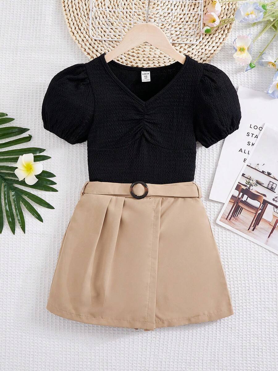 Conjunto De Camiseta Fruncida Con Mangas Abullonadas Y Falda Pantalón ...