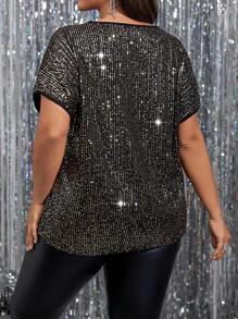 SHEIN BAE Plus Size Sparkly Batwing Sleeve T-Shirt - Gold - View 2