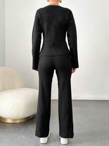 EURMUSE Women'S Floral Pattern Long Sleeve Top And Pants Two Piece Set - Black - View 2