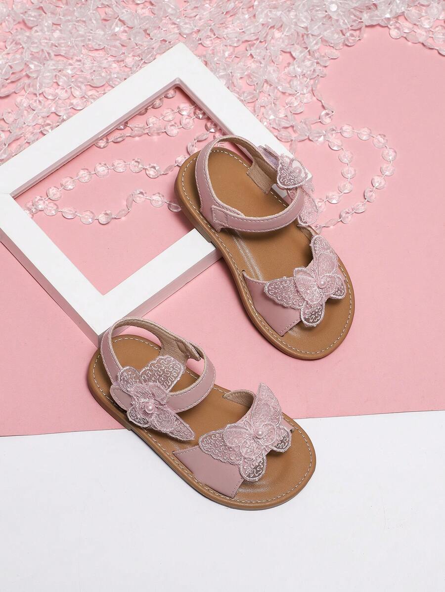 Sandale roz pentru fete mici, stil zână dulce, pantofi de prințesă versatili la modă, pantofi de plajă cu fluturi pentru grădiniță, primăvară/vară