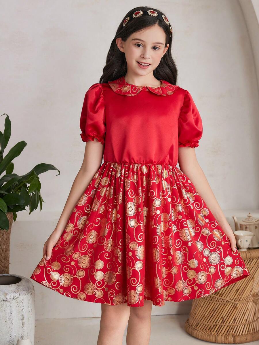 SHEIN Tween 女童彼得潘领短款泡泡袖泡泡下摆连衣裙 - 紅色 - 查看 1