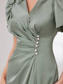 Modelyn 女士花瓣短袖褶皱连衣裙，优雅晚会礼服长款晚礼服