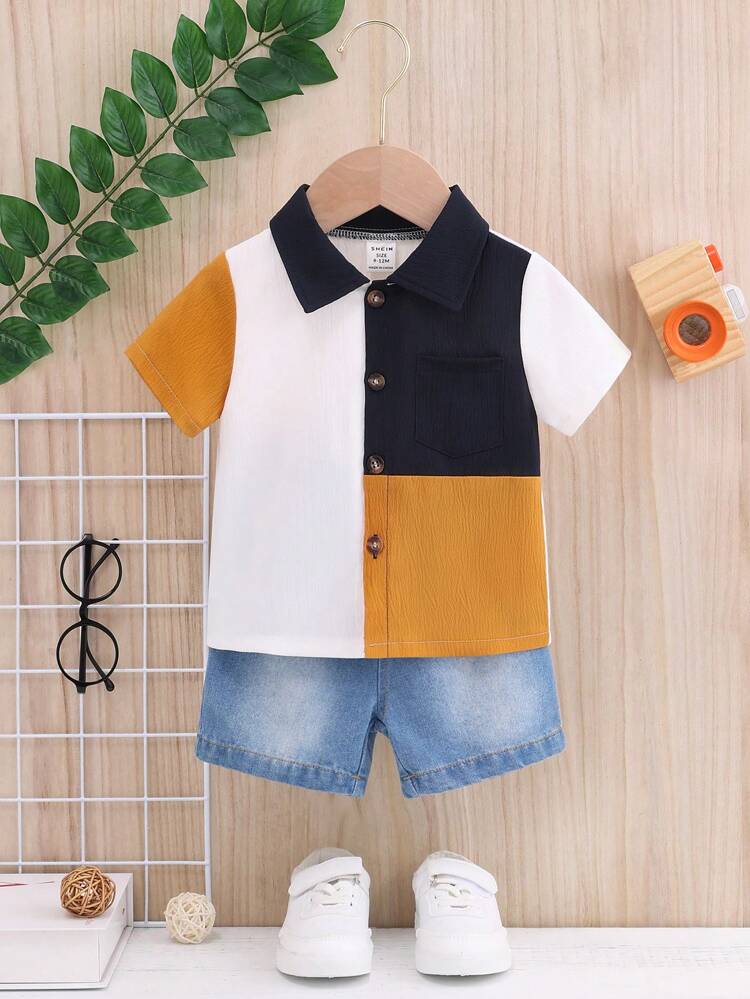 Baby Boy 2pcs/Set Stylish Spring/Summer Outfit, Color Block Short Sleeve Shirt And Washed Denim Shorts