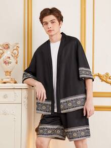 SHEIN Teen Boy Casual Loose-Fit Geometric Pattern Cardigan And Shorts Set - Multicolor - View 5