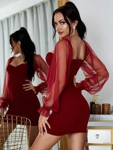 Eilly Bazar Mesh Lantern Sleeve Bodycon Dress With Sweetheart Neckline - Burgundy - View 2