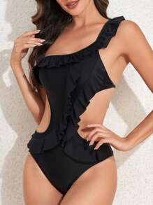 SHEIN Swim Women's One-Piece Swimsuit With Hollow Out Ruffle Trim Music Festival Summer