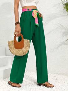 SHEIN LUNE Green Slanted Pocket Belted Trousers - Green - View 3