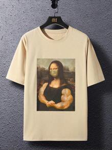 Manfinity Homme 男士有趣的蒙娜麗莎印花t恤 - 杏色 - 查看 2