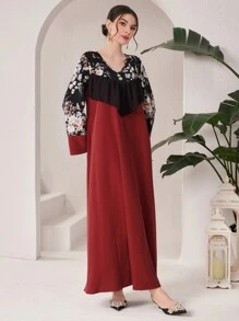 Al Najma Women's Floral Print V-Neck Long Sleeve Color Block Dress