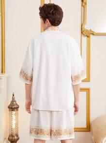 SHEIN 青少年男孩風格印花開襟衫和短褲套裝 - 白色 - 查看 2