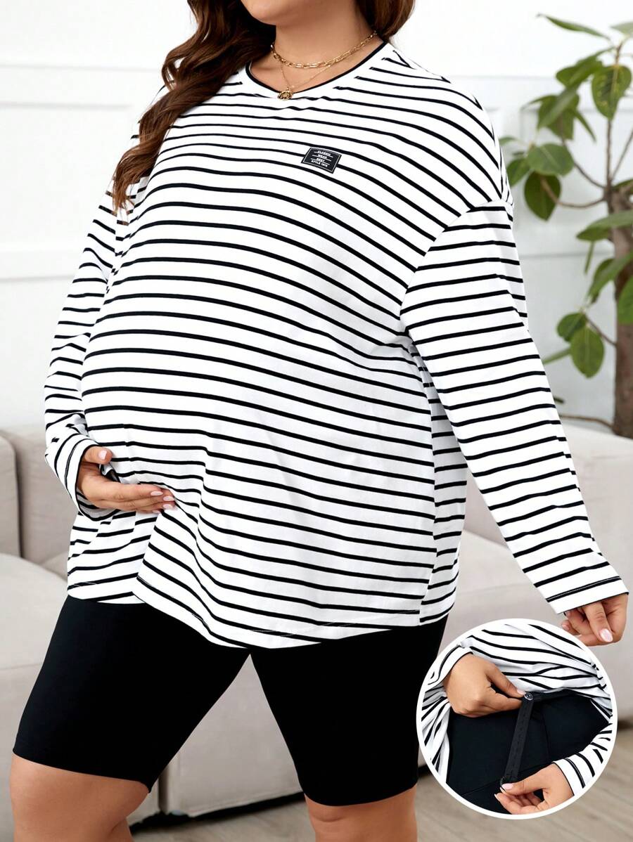 SHEIN Set Di 2 Pezzi Top A Collo Rotondo Ol Loose Fit A Righe Taglia Grande Per Maternità E Pantaloncini A Vita Regolabile Uniti Monocromatici - Bianco e nero - Visualizzare 1