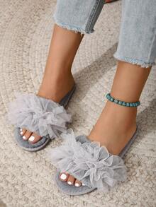 毛毛拖鞋女式室內拖鞋,時尚舒適平底拖鞋 - 灰色 - 查看 4