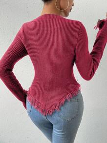 SHEIN LUNE Women's Plain Asymmetrical Hem Fringed Sweater