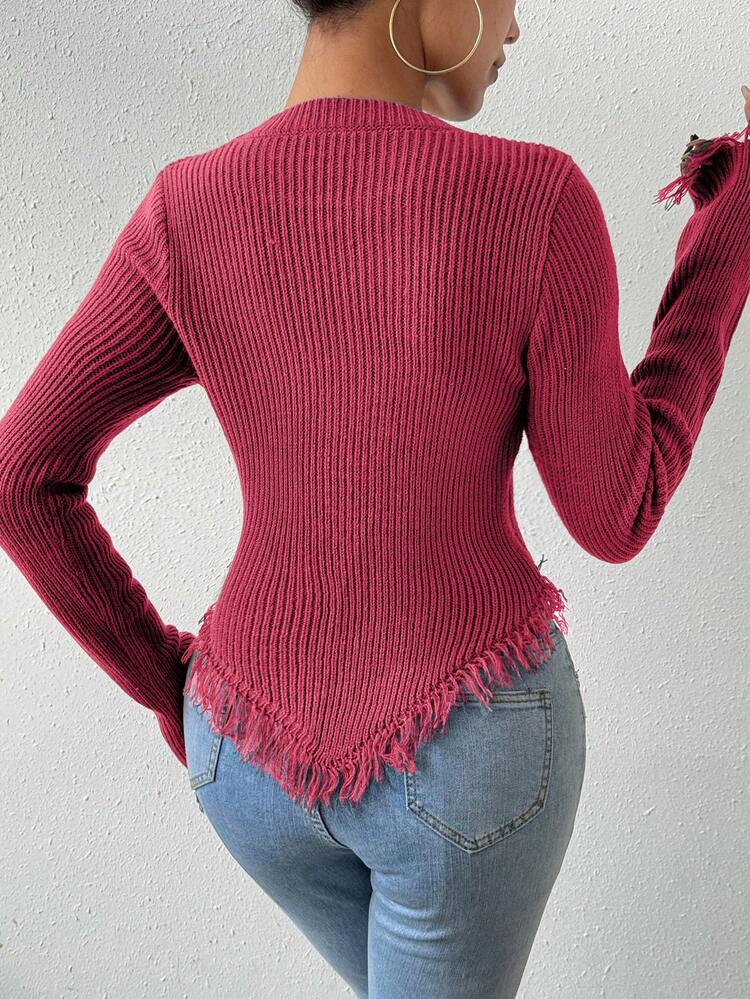 Women's Plain Asymmetrical Hem Fringed Knit Pullover Fall Winter Sweater