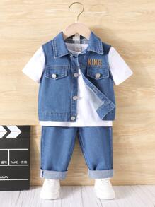 SHEIN 3 件/套 男嬰字母刺繡牛仔背心+長褲+打底t卹