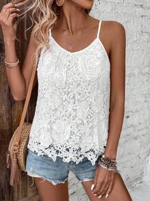 Breezaya Solid Color Lace Camisole - White - View 5