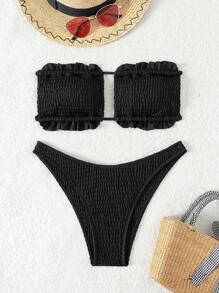 SHEIN Swim 夏季女士镂空设计挂脖比基尼套装音乐节 - 黑色 - 查看 4