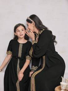 SHEIN Tween Girls' Elegant Gorgeous Party Dress With Color Blocking And Lace Decoration