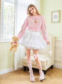 ROMWE Kawaii Của phụ nữ Dễ thương Thỏ , Lá thư , Hoa hồng , Và Thêu Tay áo lồng đèn Áo len - Hồng - Xem 10