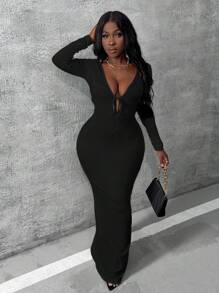 Slaydiva 情人節禮服音樂節假期新年服裝約會優雅性感女孩文化緊身長袖禮服舞會長袍茶會長袖性感半正式長款黑色彈性連衣裙 - 黑色 - 查看 1