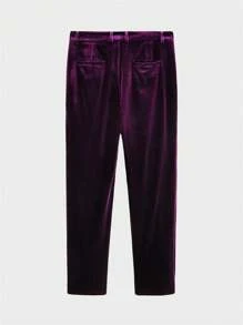 Business Casual Conjunto De Traje Holgado De Terciopelo Para Hombre Con Solapa De Pico, Cierre De Doble Botón Y Pantalón - Morado - Ver 12