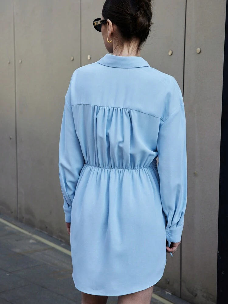 Leisure Blue Women's Dress With Waist Tie Design