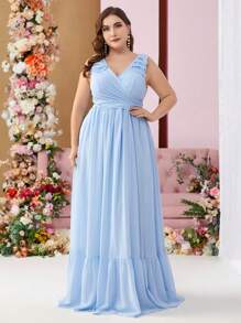 SHEIN Belle Nút Kích thước lớn Của phụ nữ Cổ chữ V Đầm dạ hội - Màu xanh lam - Xem 1