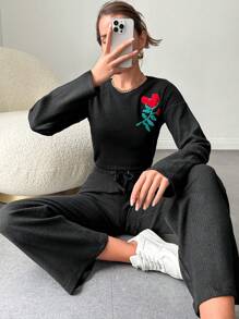 EURMUSE Women'S Floral Pattern Long Sleeve Top And Pants Two Piece Set - Black - View 1