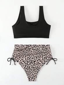 SHEIN Swim Women's Backless Camisole Bra And Leopard Print Drawstring Side-Tie Briefs Bottom Bikini Set Music Festival, For Summer Beach Vacation - Multicolor - View 5
