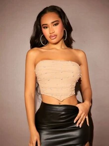 SHEIN SXY 女用珍珠裝飾抹胸上衣 - 杏色 - 查看 5