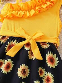 青少年女孩向日葵印花不對稱領無袖連衣裙