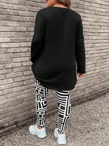 SHEIN LUNE Plus Size Green Solid Color Long Sleeve T-Shirt & Camouflage Pants 2pcs Set Fall Women Clothes Fall 2pcs Set