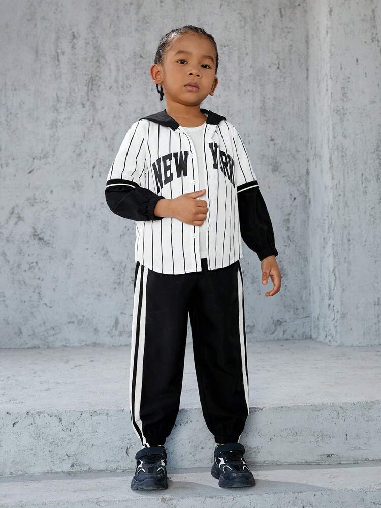 2pcs/Set Young Boy Hooded 2 In 1 Printed Sports Outfit, Fleece Thickened