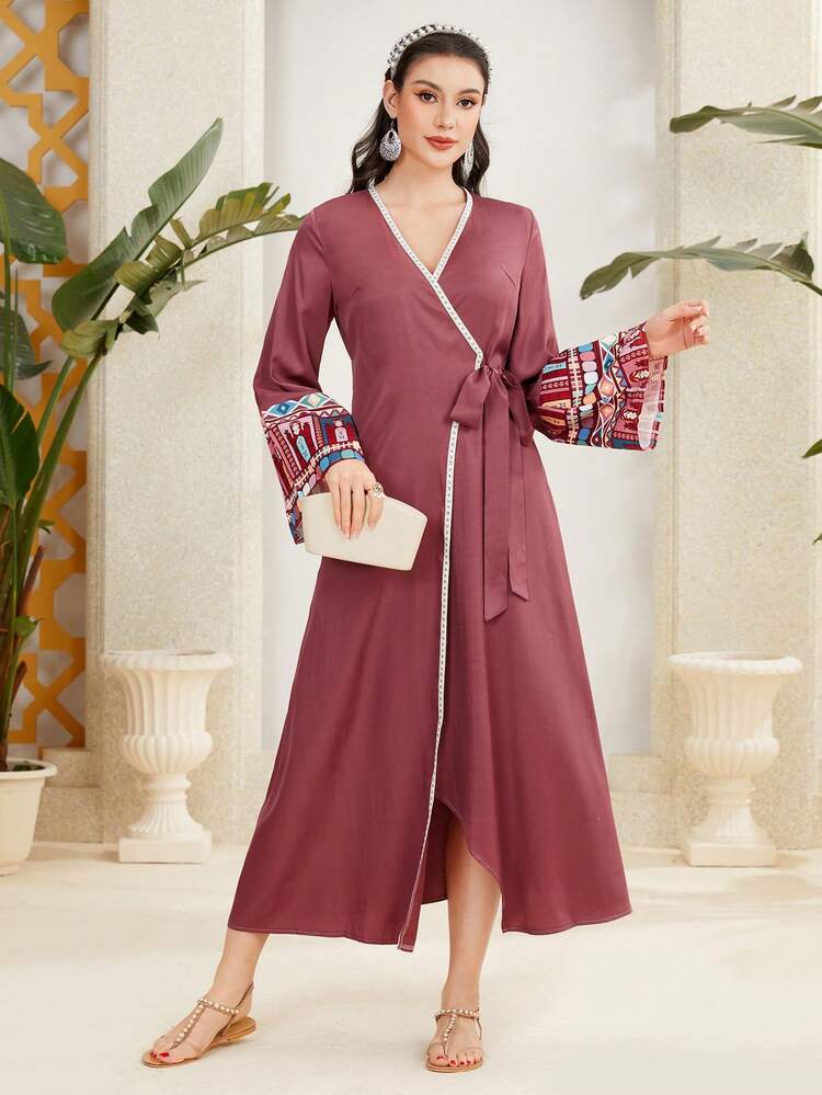 Patchwork Geometric Print Bell Sleeve Arabian Dress