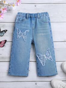 女嬰蝴蝶圖案直筒牛仔褲 - 中等水洗藍 - 查看 1