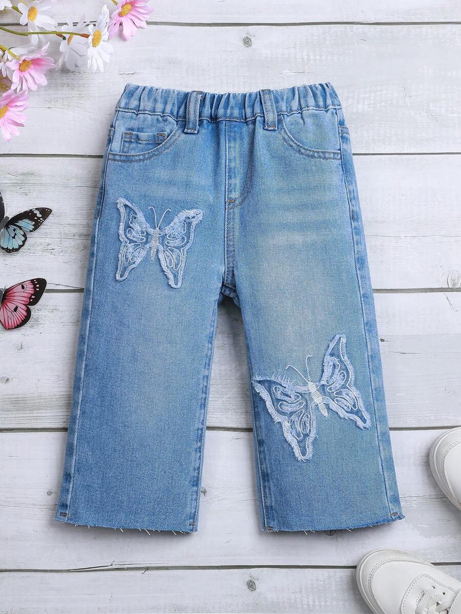 女嬰蝴蝶圖案直筒牛仔褲 - 中等水洗藍 - 查看 1