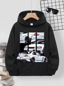 SHEIN Leap Crew 適用於秋冬季的少年休閒卡通圖案長袖連帽衫 - 黑色 - 查看 1